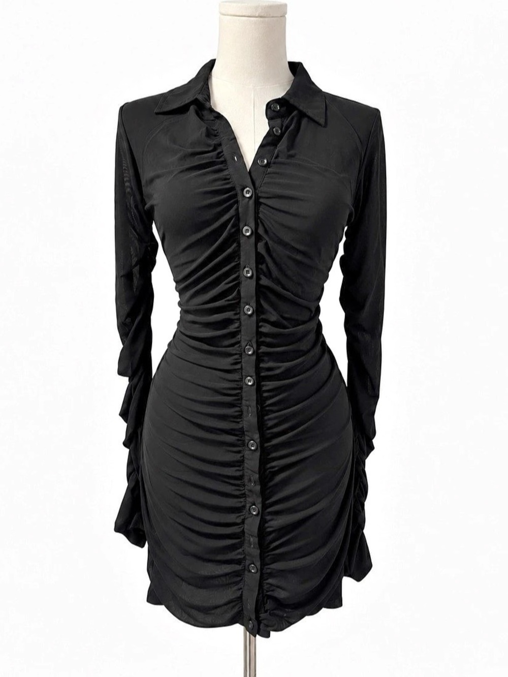 QUII Black Ruched Button-Up Mini Dress